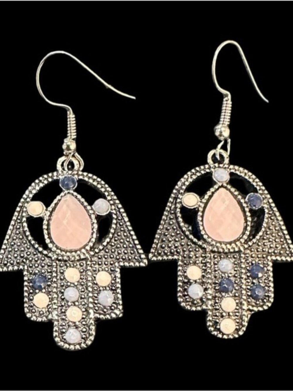 Hamsa Dangle Earrings With Pink & Blue Gemstones Silver-Tone Design